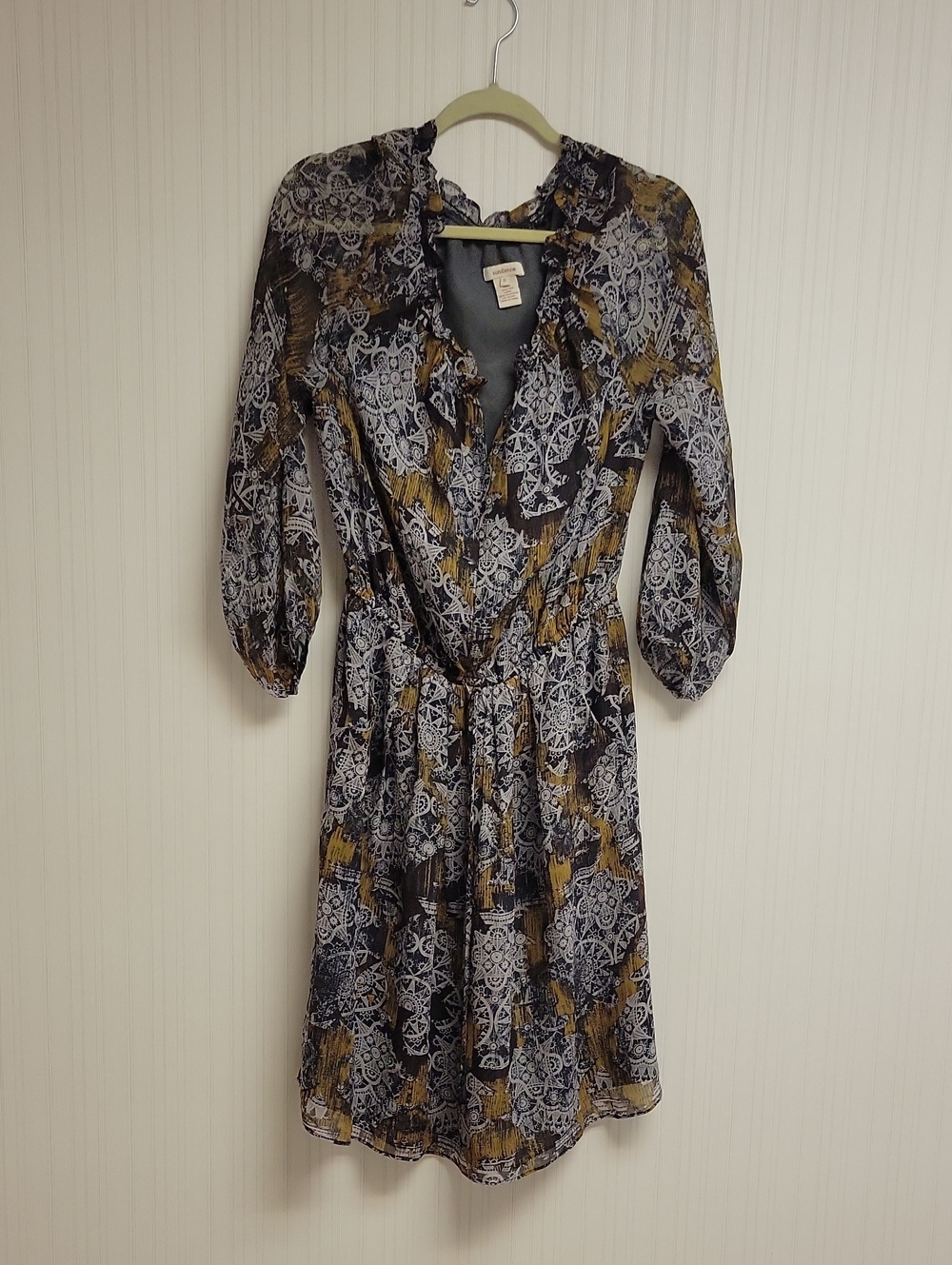 Sundance Printed Midi Dress in Black & Gold Silk Small Prairie Western Flowy
